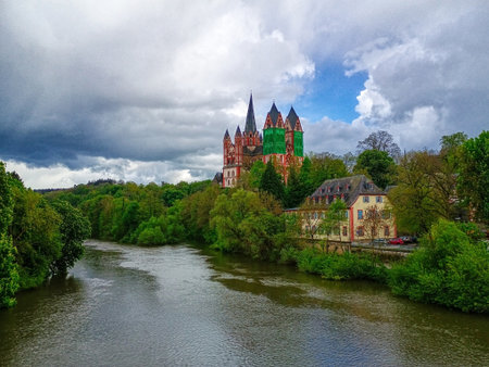 Historical cathedral and river Lahn in the old town of Limburgの写真素材