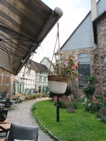Historical narrow street with half-timbered houses in the old centre of Hattingenの写真素材