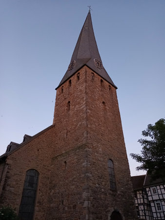 Historical church tower in the old center of Hattingenの写真素材