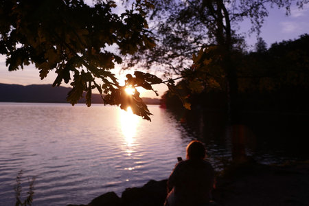 Sunset and lake Kochelsee at duskの写真素材