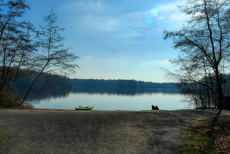 Lake at the six lakes district in Duisburg in the morningの写真素材
