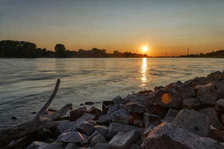 Sunset over the Rhine in Wittlaerの写真素材