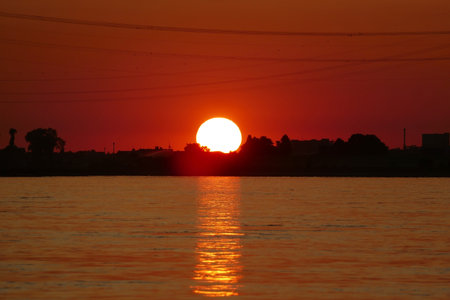 Sunset over the Rhine in Wittlaer in Dusseldorfの写真素材