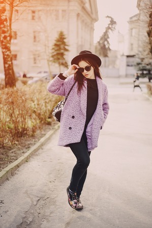 beautiful young model posing on the streetの写真素材