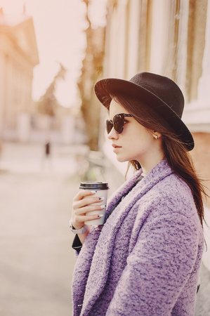 beautiful young model posing on the streetの写真素材