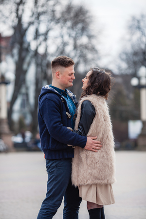 couple in love walking around the city and the riverの写真素材