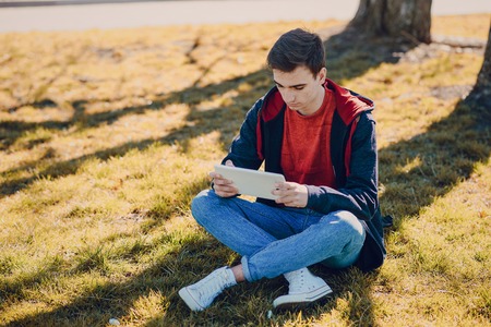 Man on computer, tablet and phone sitting on a bench on a sunny day and walk in the parkの写真素材