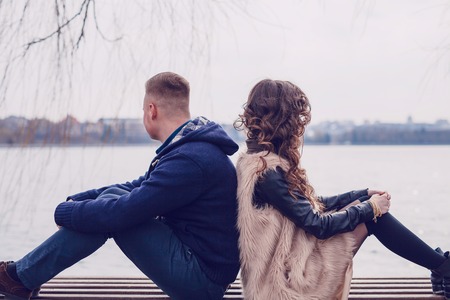 couple in love walking around the city and the riverの写真素材