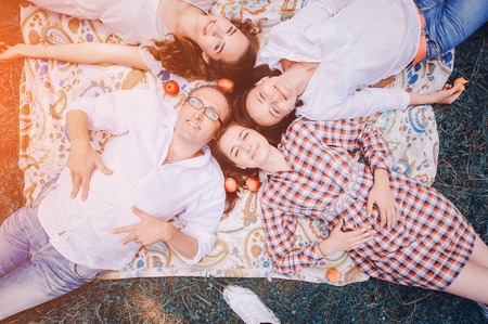 happy family on a picnic. play with the dog. good time.