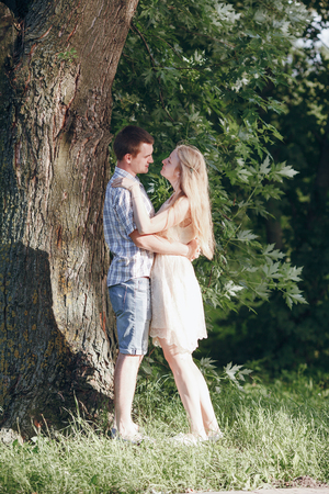 loving couple walking park, kissing HDの写真素材