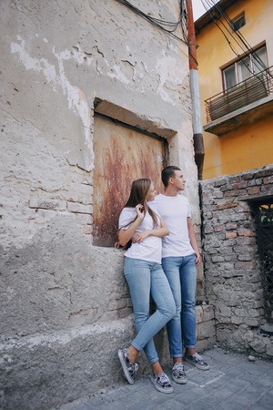 couple walking on the streets good timeの写真素材