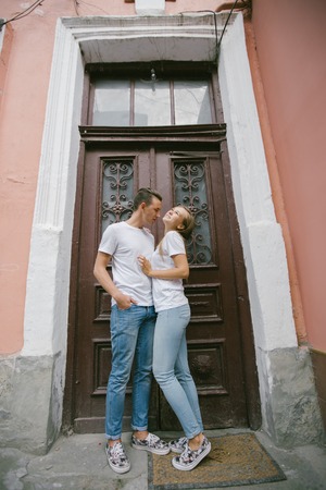 couple walking on the streets good timeの写真素材