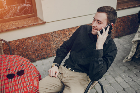 guy walking around the cityの写真素材