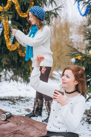 Girls near treesの写真素材