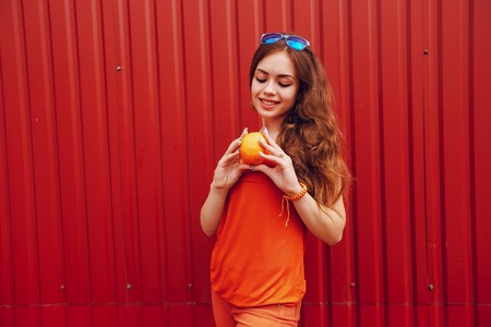 girl with fruitの写真素材