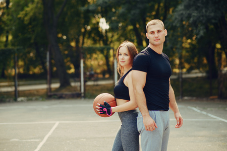 man and woman in parkの写真素材