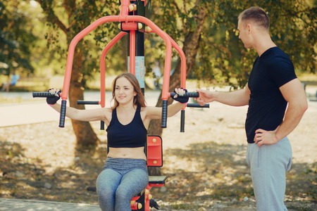 man and woman in parkの写真素材