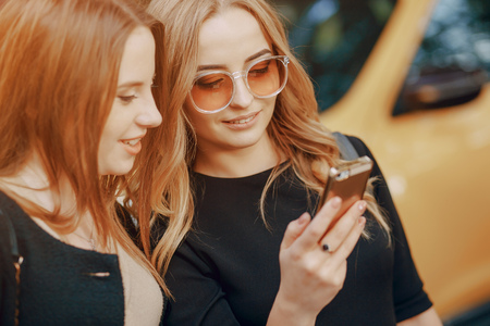 two girls on a walkの写真素材