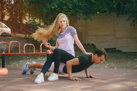 couple doing sporty activities togetherの写真素材