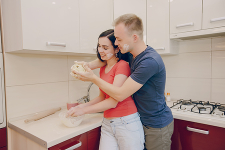 couple in a kitchenの写真素材