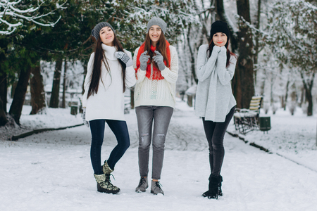 three young and active girls in hats and scarves stroll through the winter snow covered parkの写真素材