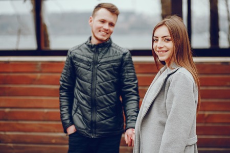 Loving couple walking around the park.の写真素材