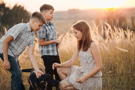 kids in a fieldの写真素材