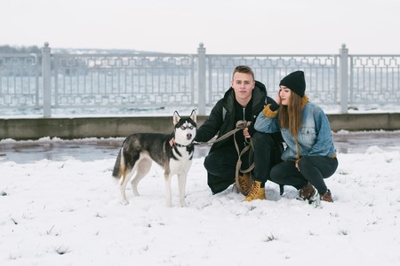 couple with huskiesの写真素材