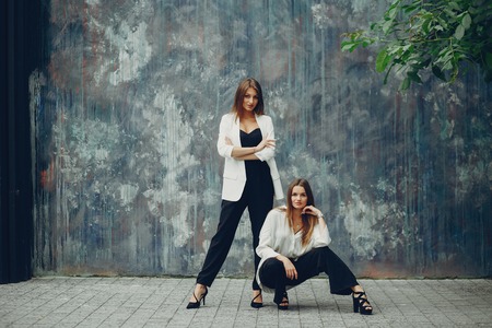 Fashion girls in a cityの写真素材
