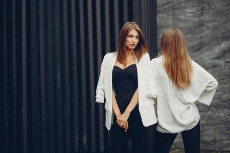Fashion girls in a cityの写真素材