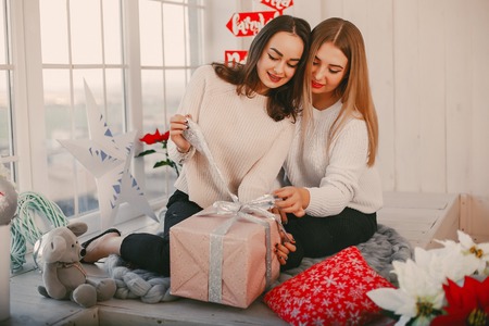 girls with giftsの写真素材