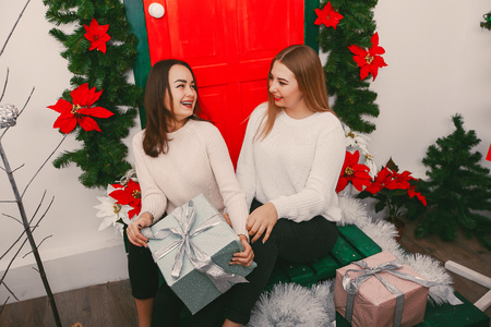 girls with giftsの写真素材
