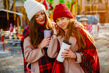 Young beautiful girls in outdoork parkの写真素材