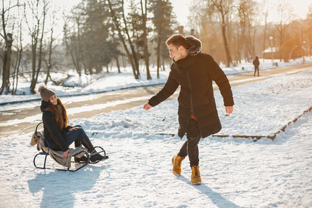 happiness Young couple in the winterの写真素材