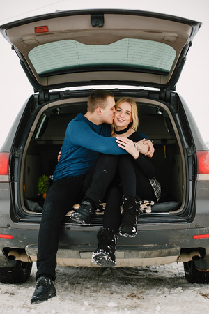 lovely couple in winter park happy and joyfulの写真素材