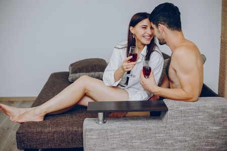 Cute couple at homeの写真素材