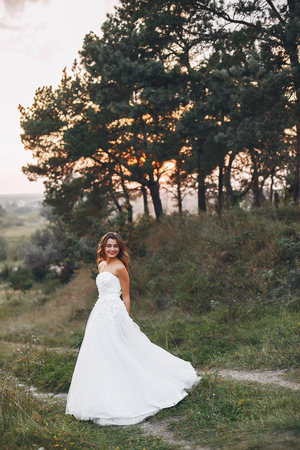 Beautiful bride walking in a summer fieldの写真素材
