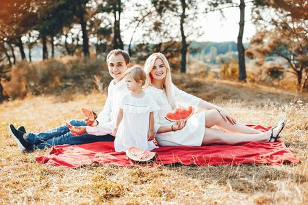 Cute family playing in a summer parkの写真素材