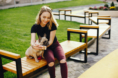 girl with pugの写真素材