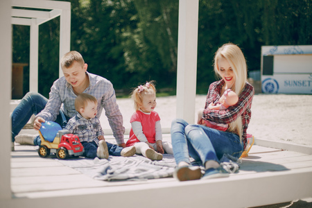 Family in a forestの写真素材
