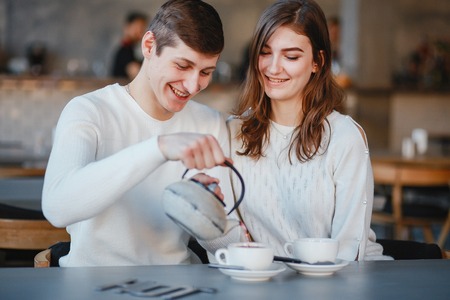 Couple in a cafeの写真素材