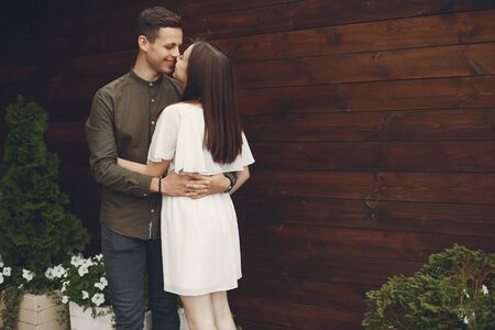 Beautiful couple spend time in a summer cityの写真素材