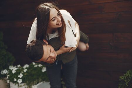 Beautiful couple spend time in a summer cityの写真素材