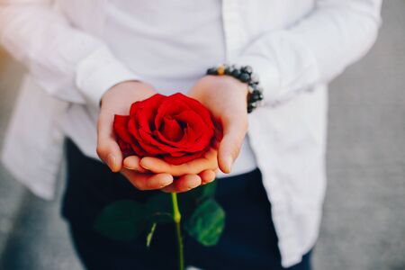 young man with roseの写真素材