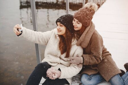 girls and snowの写真素材