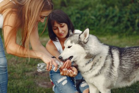 Two girls in a spring park playing with cute dogの写真素材