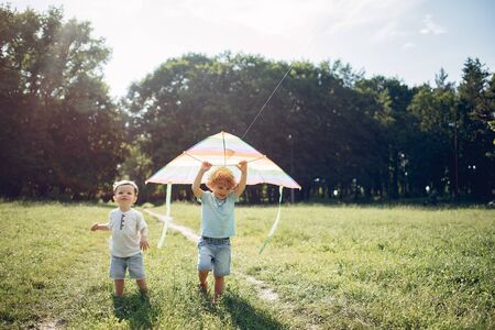 Cute little child in a summer field with a Kiteの写真素材