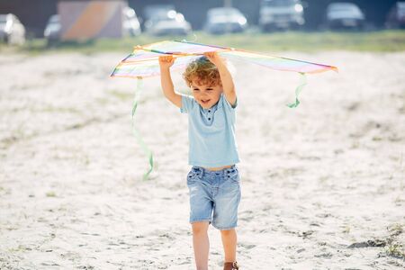 Cute little child in a summer field with a Kiteの写真素材