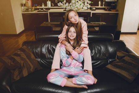 Two little girls in a cute pajamasの写真素材
