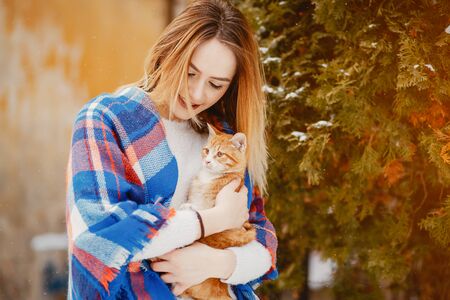 Girl with catの写真素材